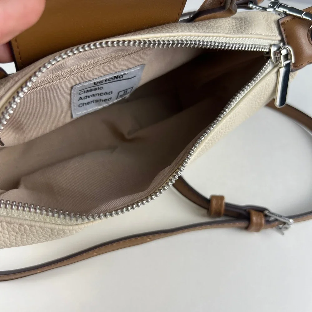 Crossbody Handbag Womens Small Cream Brown Pebbled Faux Leather Satchel VesaNa